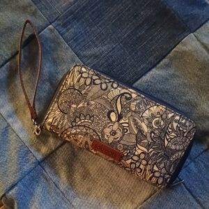 Sakroots Navy Floral Doodle Zip Wristlet with Tan Strap